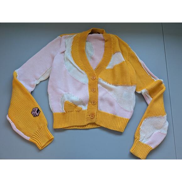 MCM See Through Inserts Color block Cotton Crop Cardigan Size S Yellow #1M455 - Picture 2 of 14